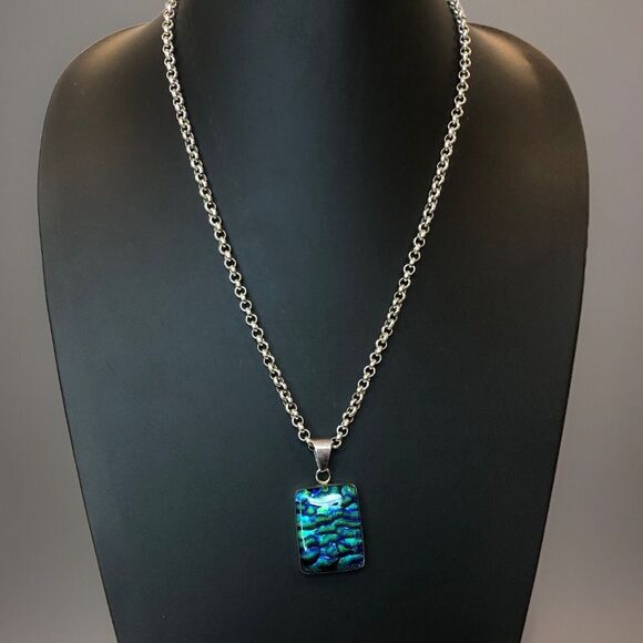 Sterling Silver Rolo Necklace and Blue Green Dichoic Glass 925 Pendant 24” - Picture 12 of 17
